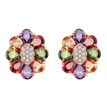 Jewelry Fashion Designs New Model Colorful Flower Fancy Personalized Zircon Copper Alloy Bold Cute Clip Earring for Women